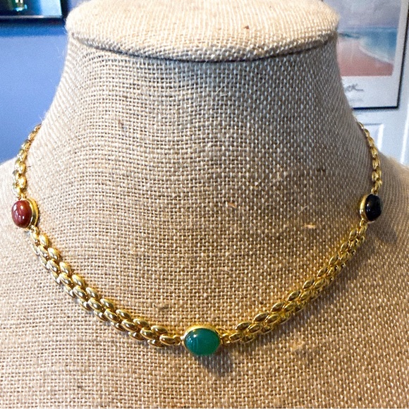 Vintage Carved Scarab Beetle Gemstones with Link Chain Necklace - Picture 3 of 10